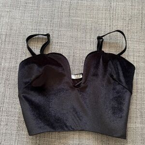 Oysho Black Velvet‑Finish Cropped Bustier Top Side Zip Size L
